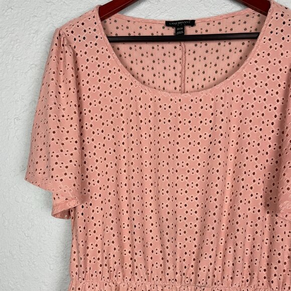 Lane Bryant Top Peach Eyelet Short Sleeve Pullover Plus Size 22/24 Elastic Waist - Picture 15 of 16